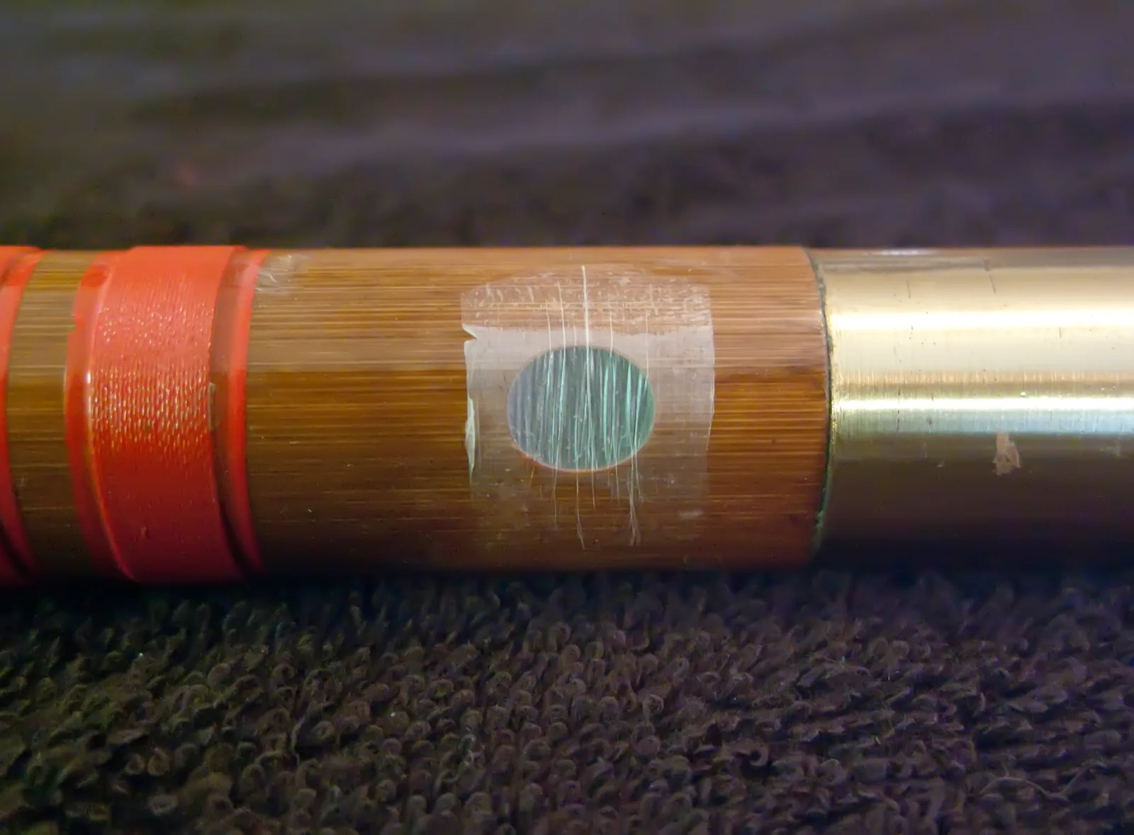 A dizi, a Chinese transverse bamboo flute, with its vibrating membrane